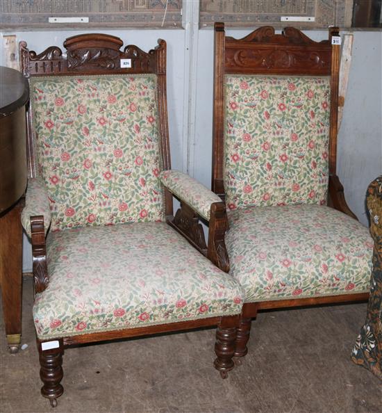 Two Victorian carved walnut ladies and gentlemens floral upholstered side chairs(-)